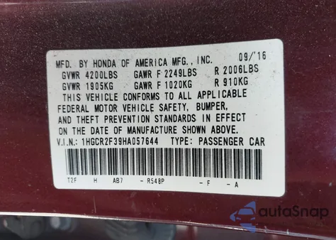 2017 Honda Accord Lx from USA, damaged, VIN 1HGCR2F39HA057644